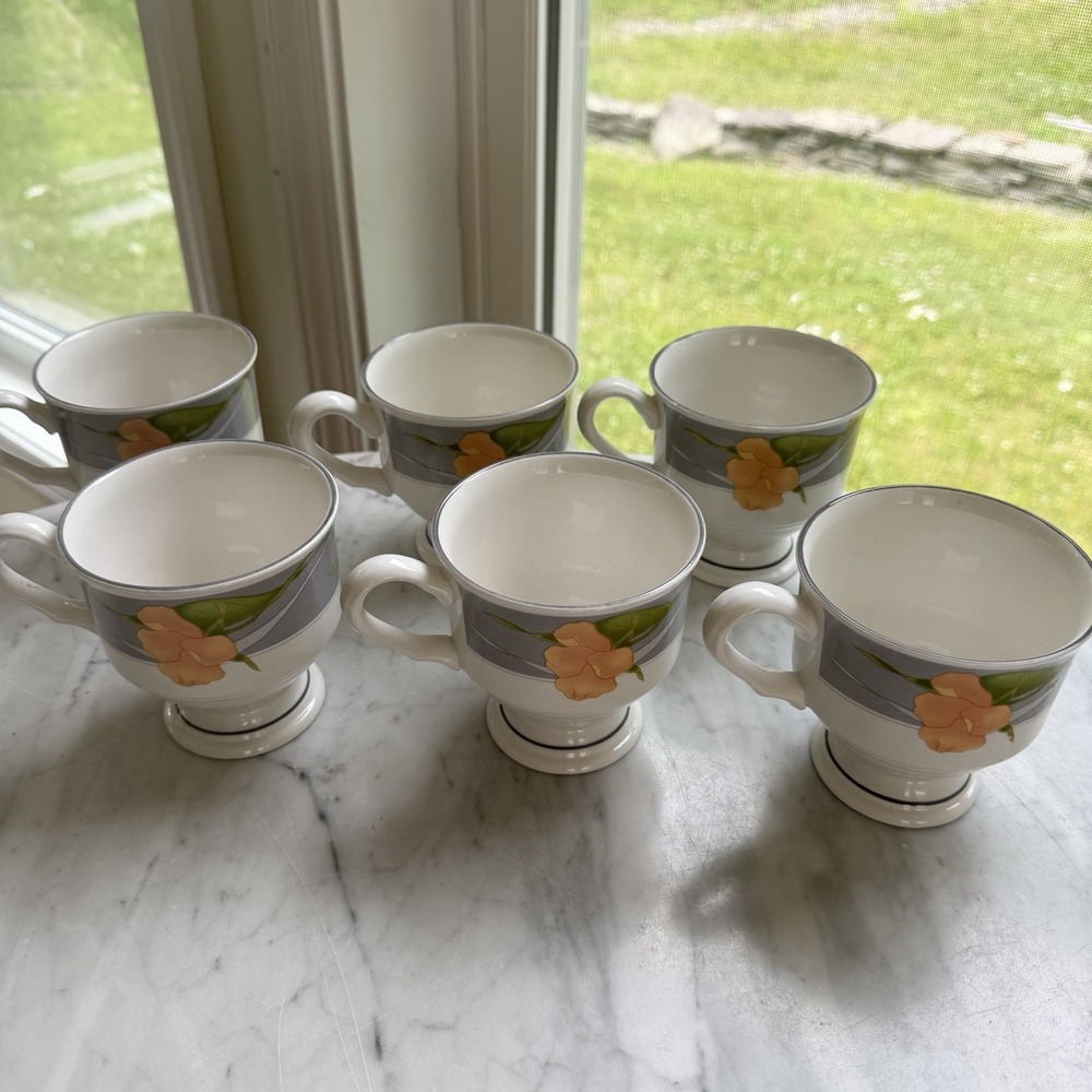 Sangostone Sango Chanson Footed Coffee Cups Tea Cups (6) Gray Green Peach #3669